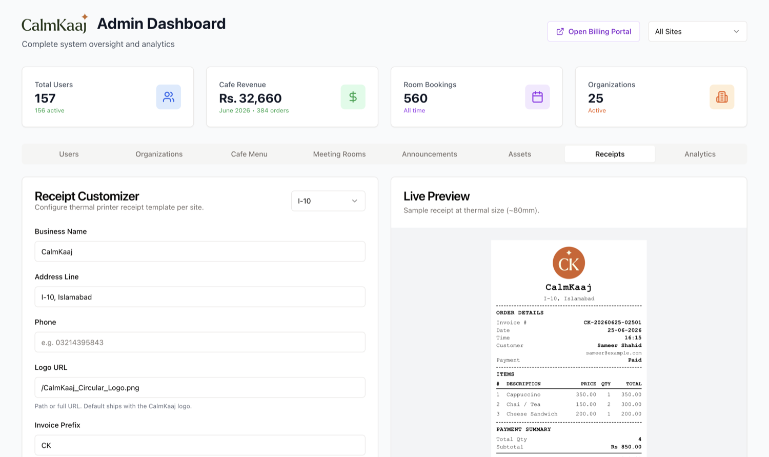 Admin dashboard