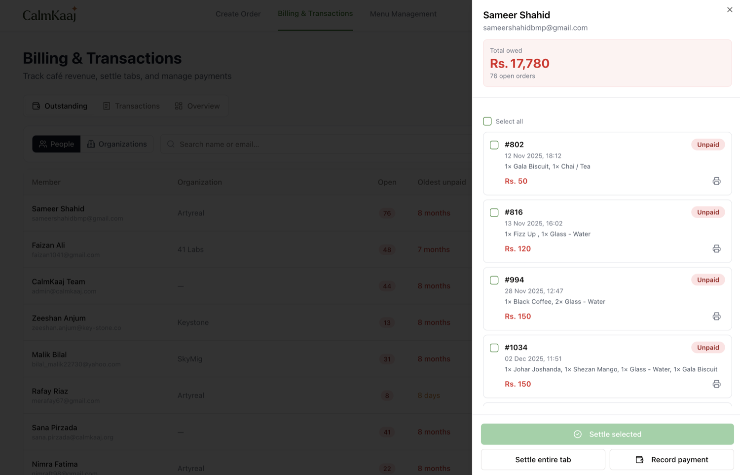 Billing & transactions